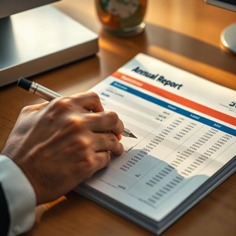 Printed NSE annual report with a hand annotating a financial table
