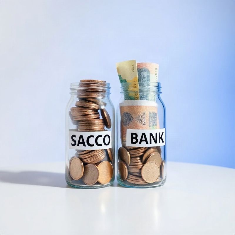 Two glass jars labelled SACCO and Bank filled with Kenyan shilling coins and notes