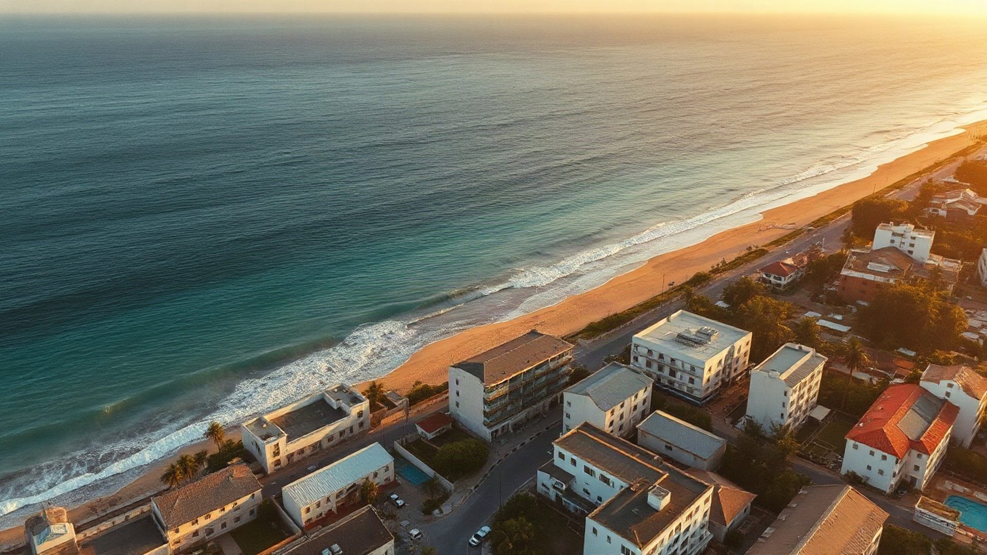 Aerial view of the Mombasa coastline at golden hour