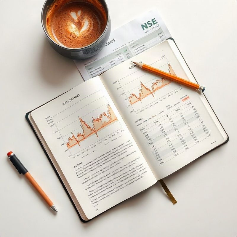 Open finance journal with hand-drawn charts and an NSE market summary